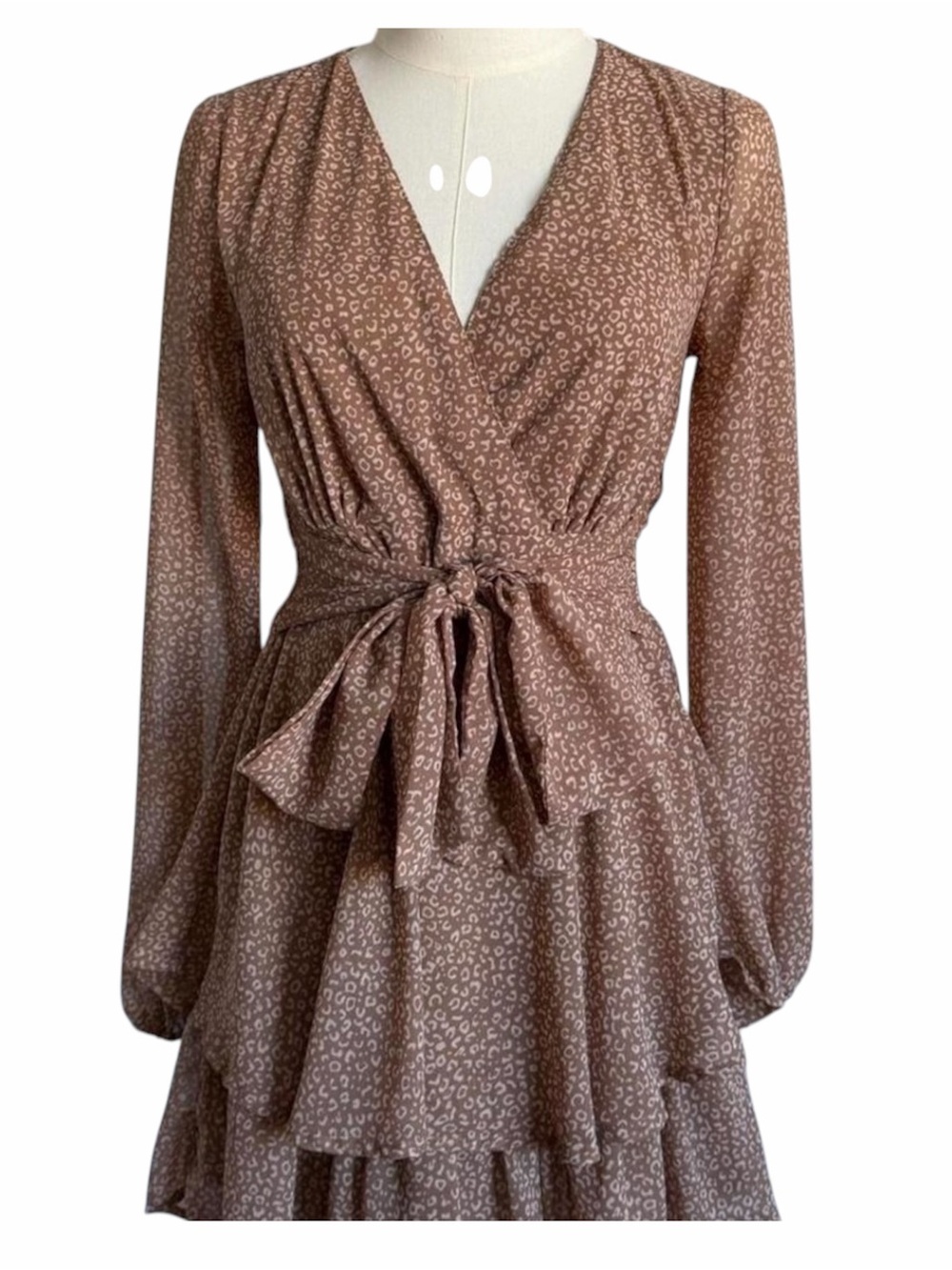 Women's Brown Printed Long-Sleeve Tie-Waist Dress